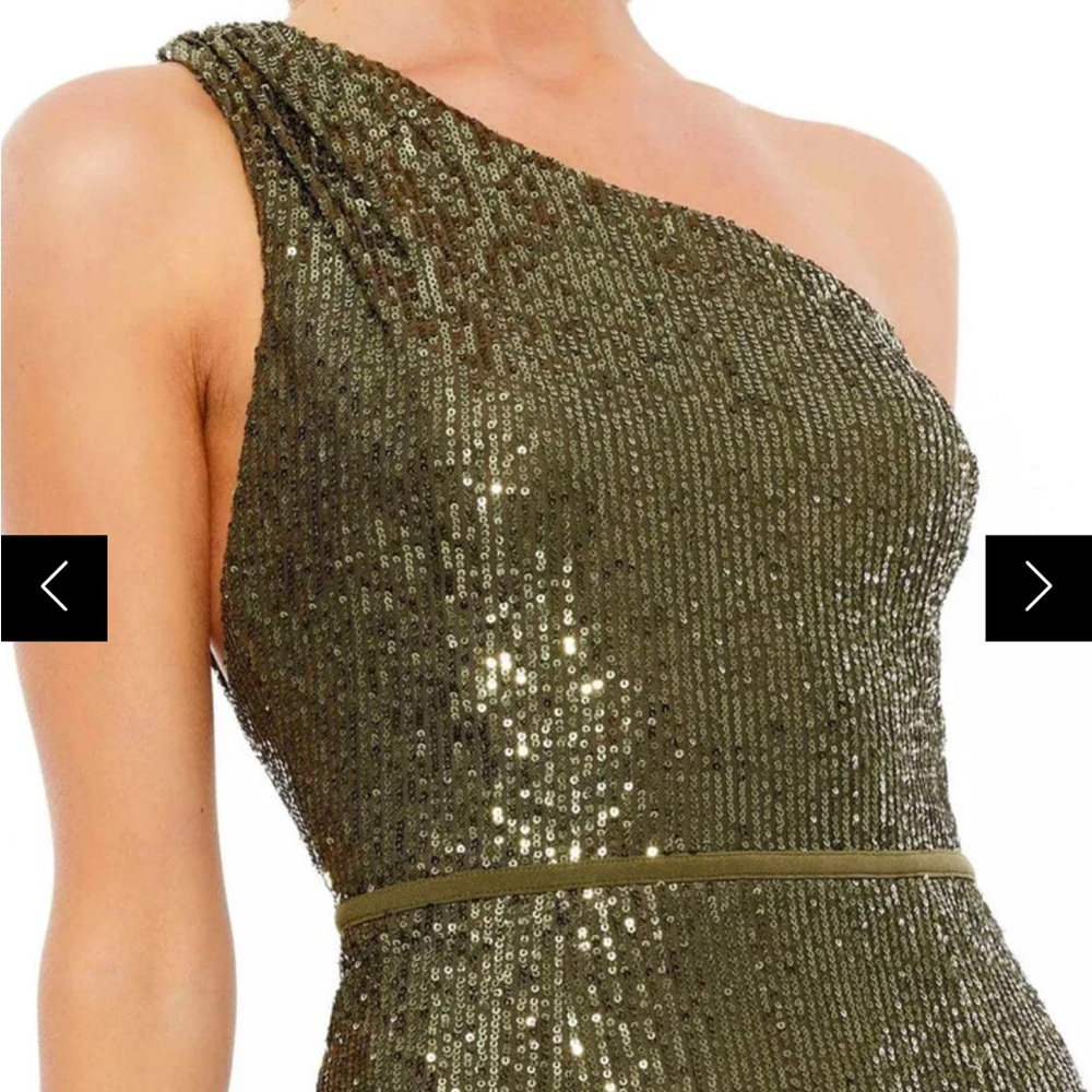 MAC DUGGAL SZ 4 OLIVE SEQUENCED ONE SHOULDER MIDI DRESS. NWT - Picture 3 of 4